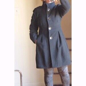 Donatella Black Cashmere Blend High Neck Fitted  Elegant Car Coat Jacket 8 M